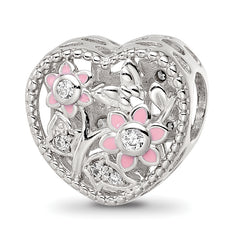 Sterling Silver Reflections Rhod-plated Enamel CZ Heart Shaped Bead