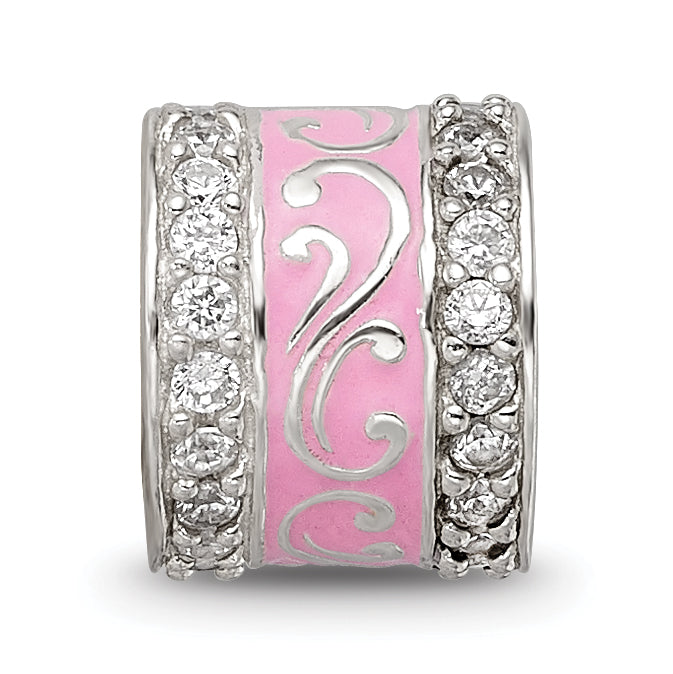 Sterling Silver Reflections Pink Enamel CZ Swirl Design Bead