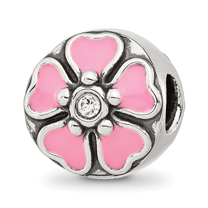 Sterling Silver Reflections Pink Enamel and CZ Flower Bead Main image