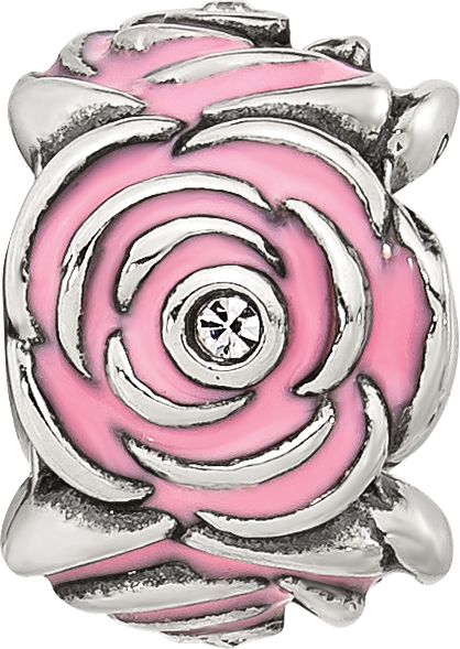 Sterling Silver Reflections Pink Enamel and CZ Floral Bead