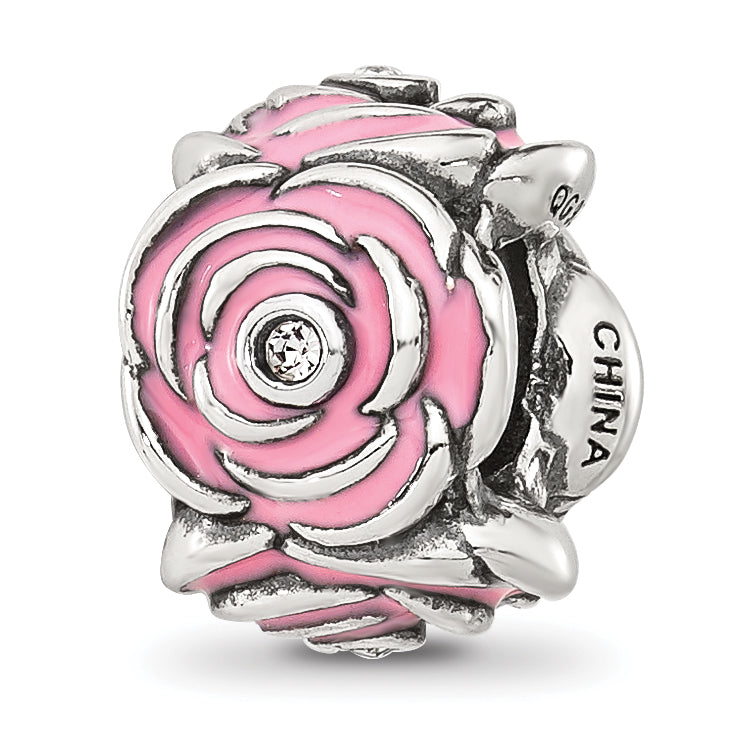Sterling Silver Reflections Pink Enamel and CZ Floral Bead