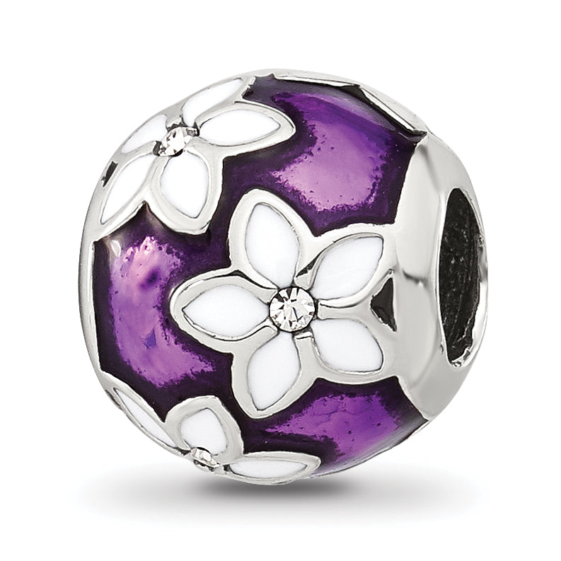 Sterling Silver Reflections Purple and White Enamel and CZ Floral Bead Main image