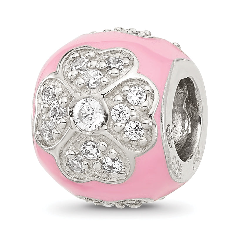 Sterling Silver Reflections CZ Pink Enameled Round Floral Bead Main image