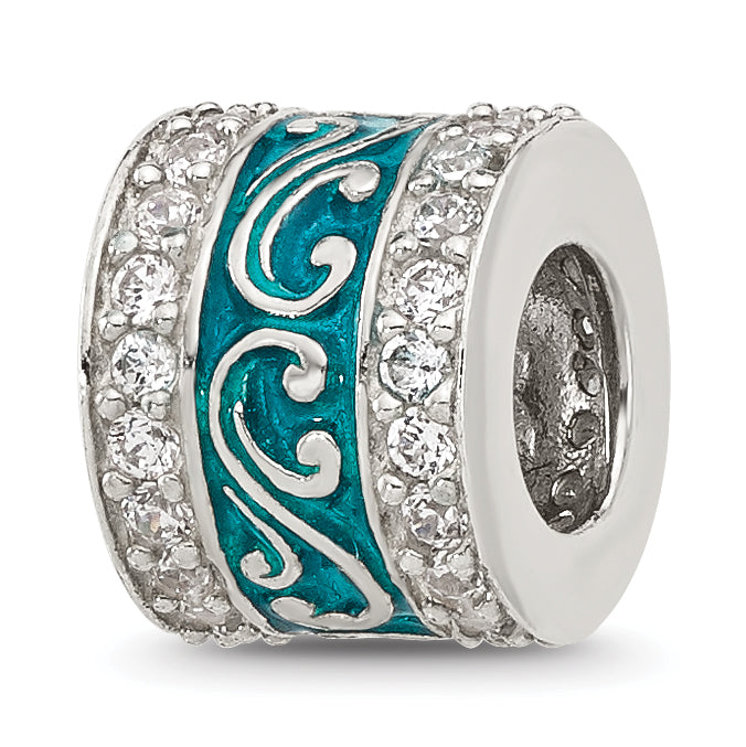 Sterling Silver Reflections Polished CZ Teal Enameled Scroll Bead Main image