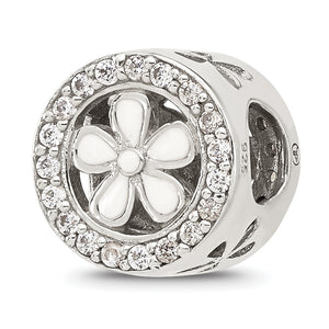 Sterling Silver Reflections Polish CZ and White Enamel Flower Circle Bead