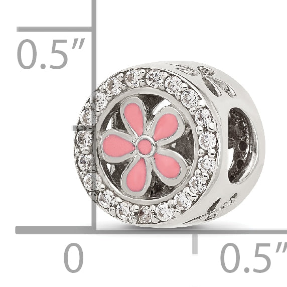 Sterling Silver Reflections Polish CZ and Pink Enamel Flower Circle Bead Secondary image