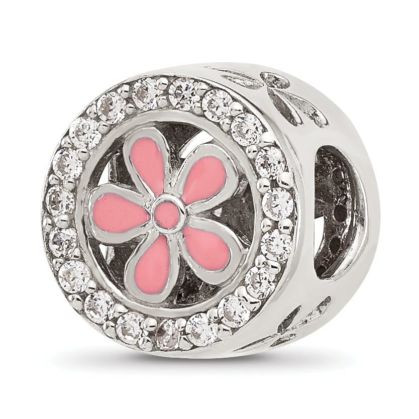 Sterling Silver Reflections Polish CZ and Pink Enamel Flower Circle Bead Main image