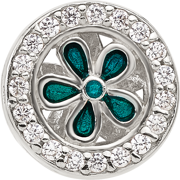 Sterling Silver Reflections Polished CZ and Teal Enamel Flower Circle Bead