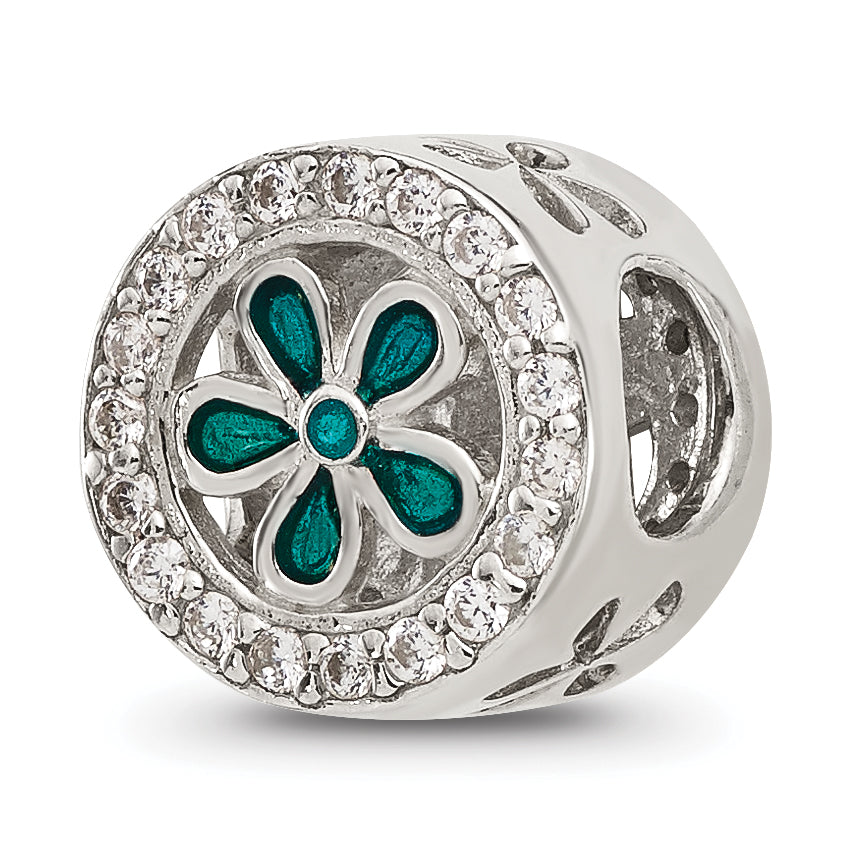 Sterling Silver Reflections Polished CZ and Teal Enamel Flower Circle Bead Main image