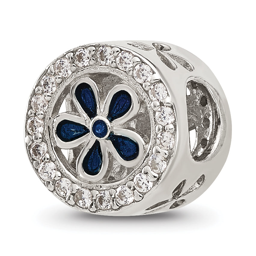 Sterling Silver Reflections Polished CZ and Blue Enamel Flower Circle Bead Main image