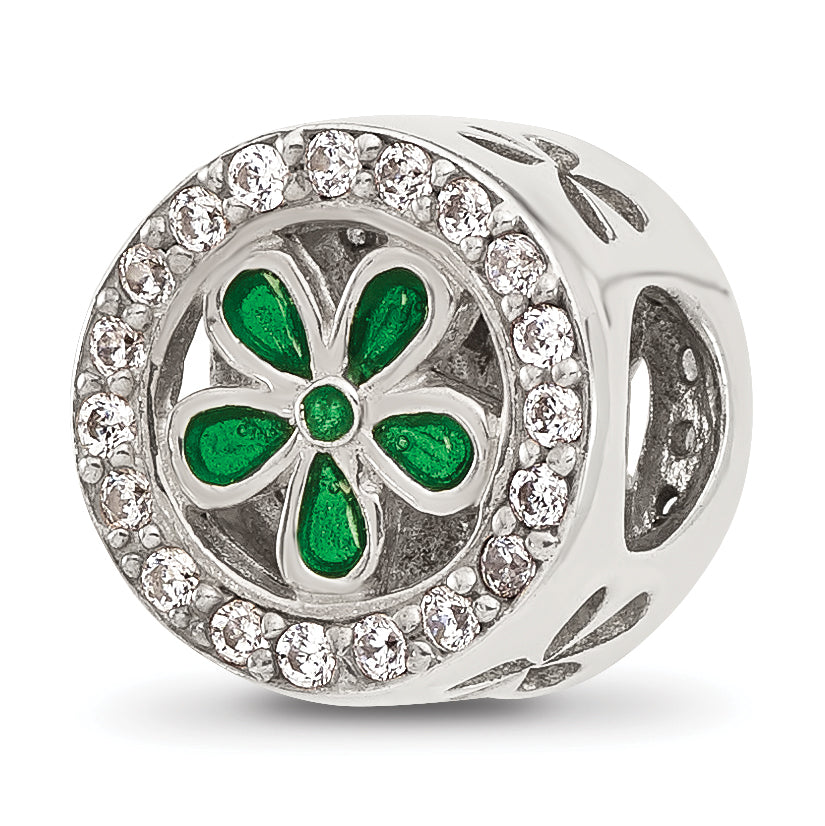 Sterling Silver Reflections Polish CZ and Green Enamel Flower Circle Bead Main image