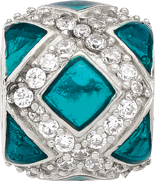 Sterling Silver Reflections CZ Teal Enameled Fancy Bead