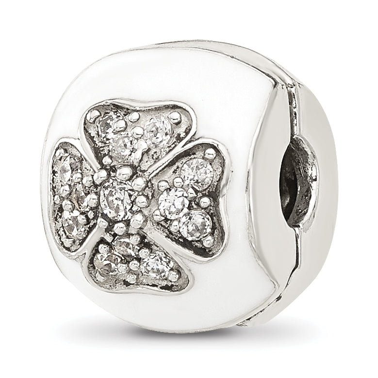 Sterling Silver Reflections White Enamel and CZ Floral Clip Bead Main image