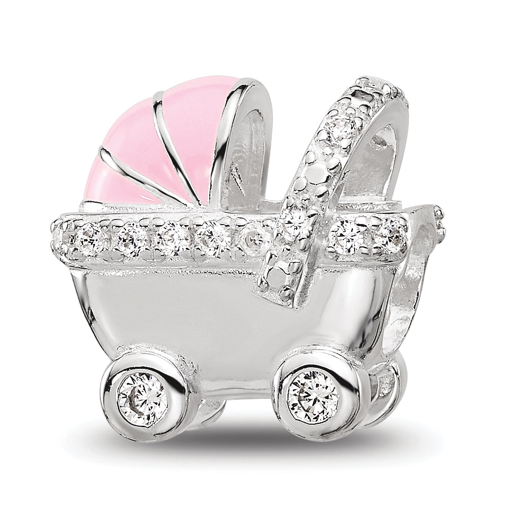 Sterling Silver Reflections Rh-plated Pink Enamel & CZ Stroller Bead Main image