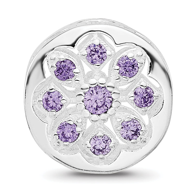 Sterling Silver Reflections Rh-plated Purple/Clear CZ Floral Reverse Bead