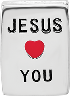 SS Reflections RH-plated Enamel &CZ Cross Jesus Loves You Square Bead