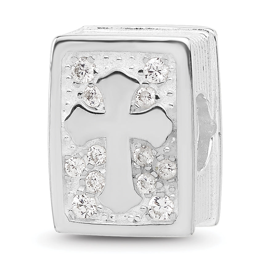 SS Reflections RH-plated Enamel &CZ Cross Jesus Loves You Square Bead