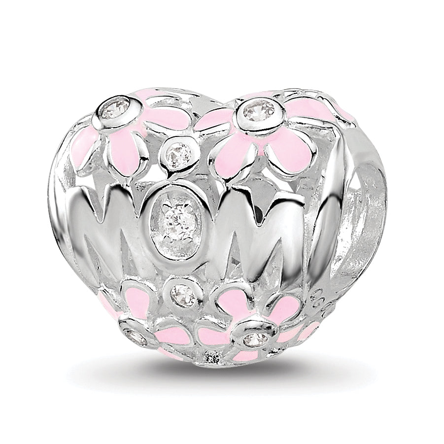 SS Reflections RH-plated Pink Enamel CZ Floral Mom Heart Bead Main image