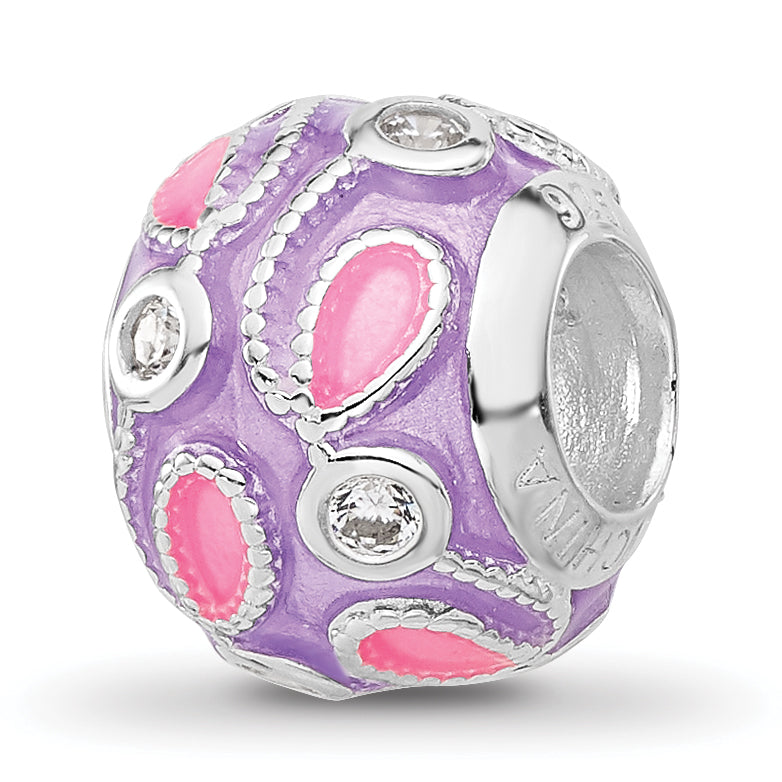 Sterling Silver Reflections RH-plated Purple Enameled and CZ Bead