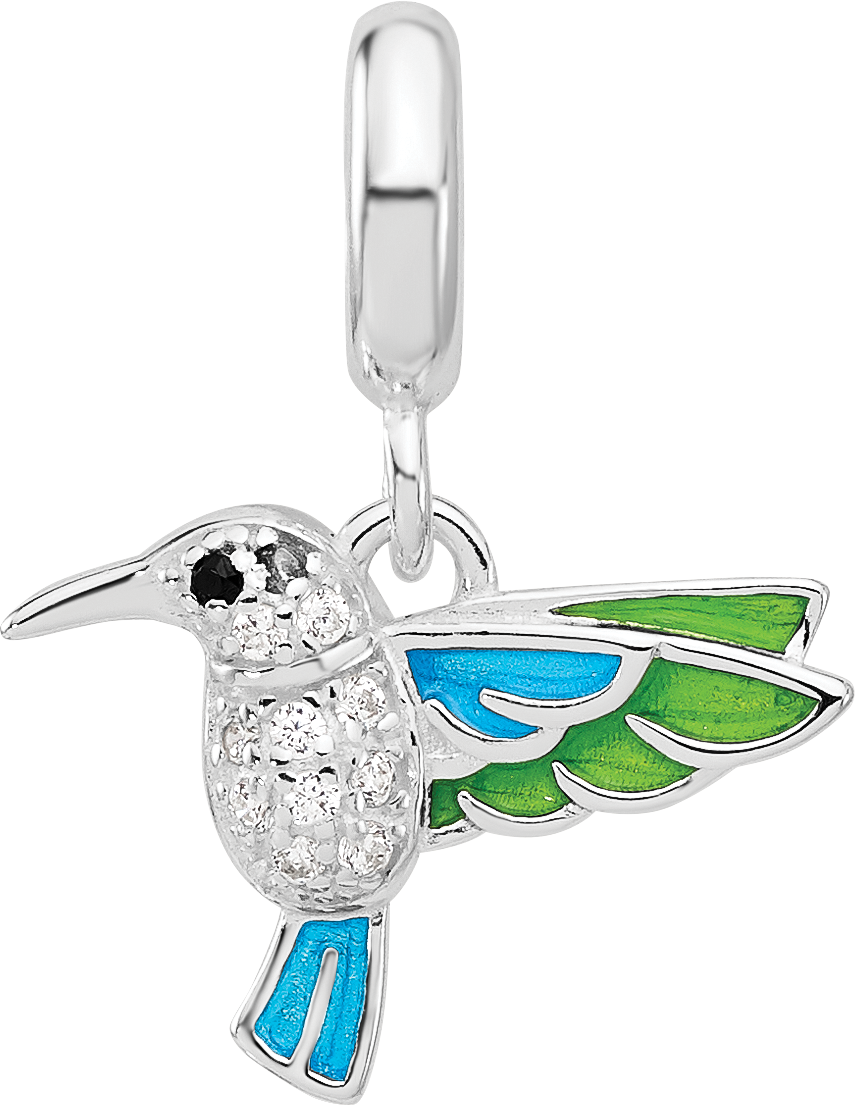SS Reflections Rh-plated Enamel & CZ Black Spinel Hummingbird Bead