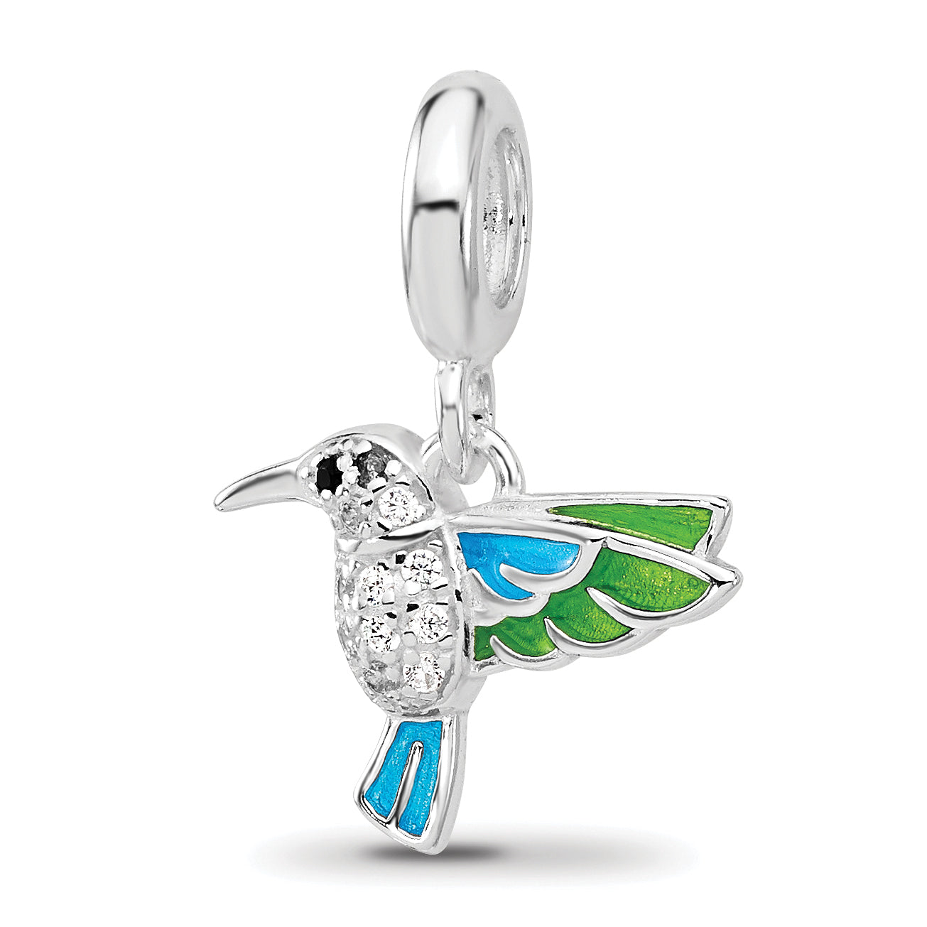 SS Reflections Rh-plated Enamel & CZ Black Spinel Hummingbird Bead Main image