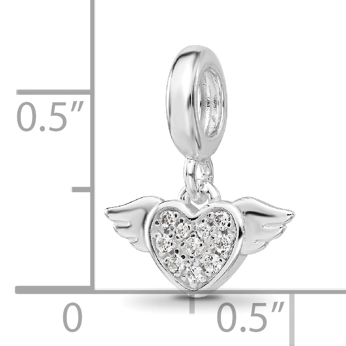 Sterling Silver Reflections Rh-plated CZ Heart with Wings Dangle Bead