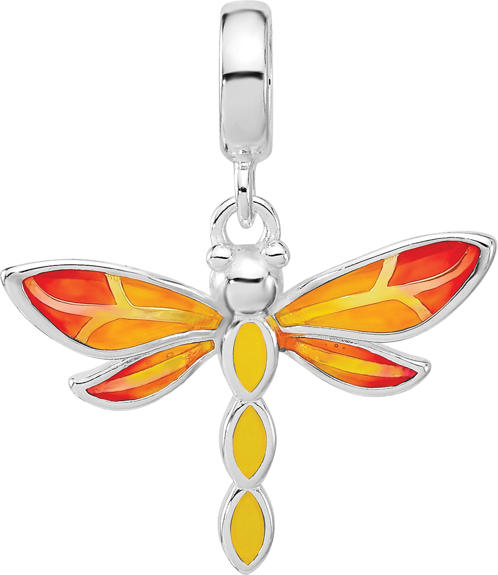 Sterling Silver Reflections Rh-plated Enamel Dragonfly Dangle Bead