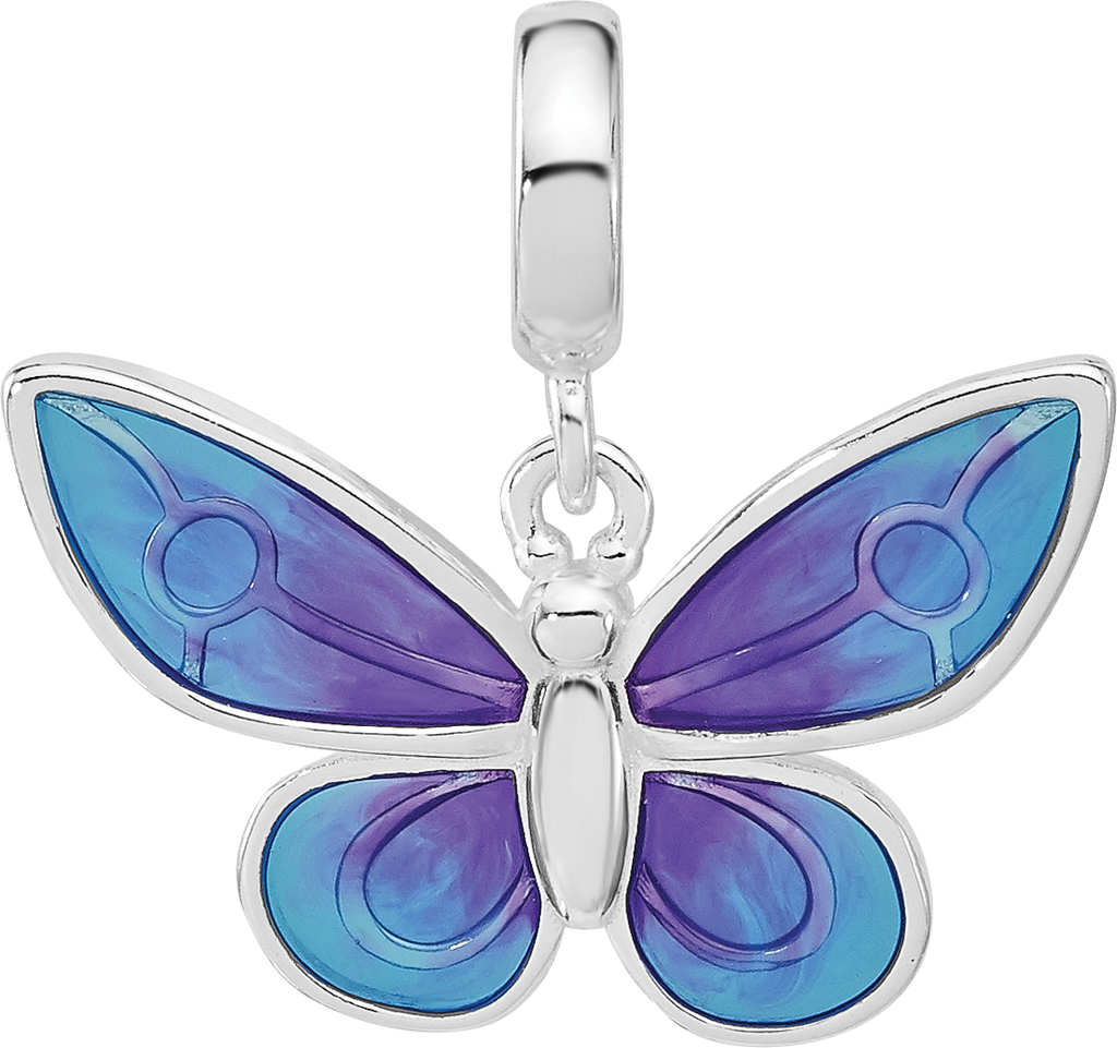 Sterling Silver Reflections Rh-plated Enamel Butterfly Dangle Bead