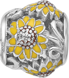 Sterling Silver Reflections Rhodium-plated Enameled Sunflowers Bead