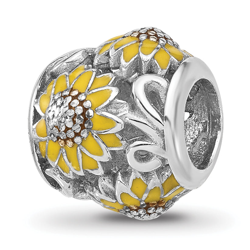 Sterling Silver Reflections Rhodium-plated Enameled Sunflowers Bead Main image