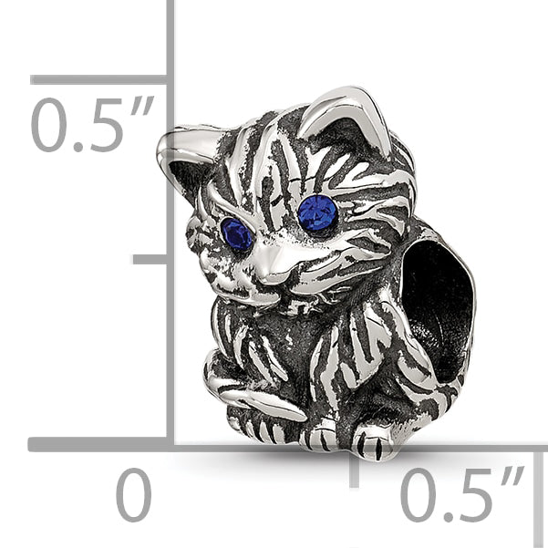 Sterling Silver Reflections Antiqued Cat With Blue Crystals Bead