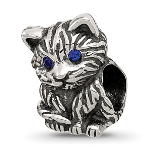 Reflection Beads Sterling Silver Antiqued Cat with Blue Crystals Bead - Sophia Jewelers