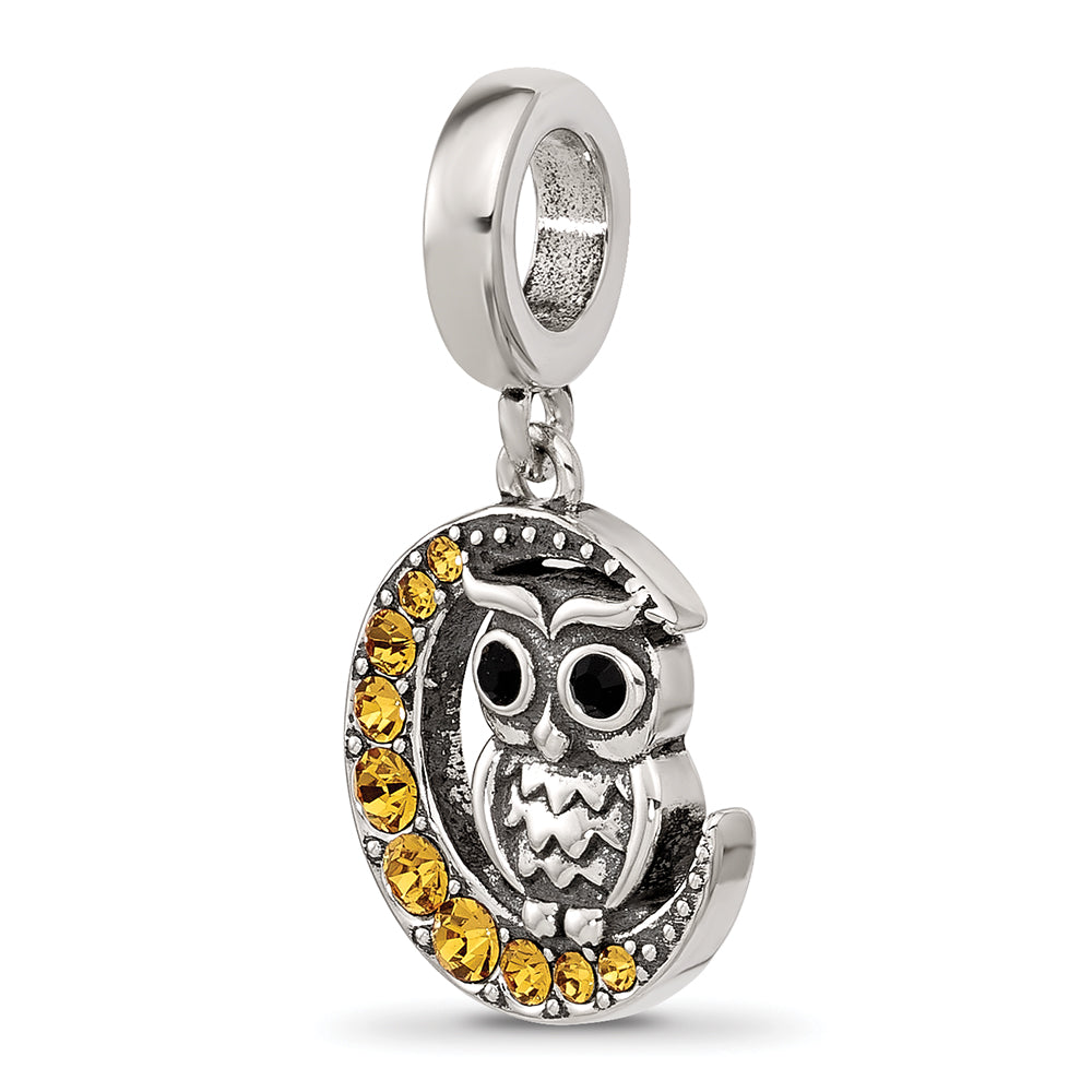Sterling Silver Reflections Crystal Owl Sitting On Moon Dangle Bead Main image