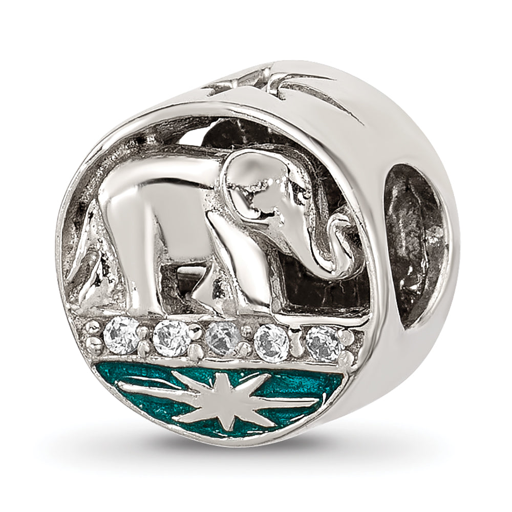 Sterling Silver Polished CZ Blue Enamel Elephant With Stars Bead Main image