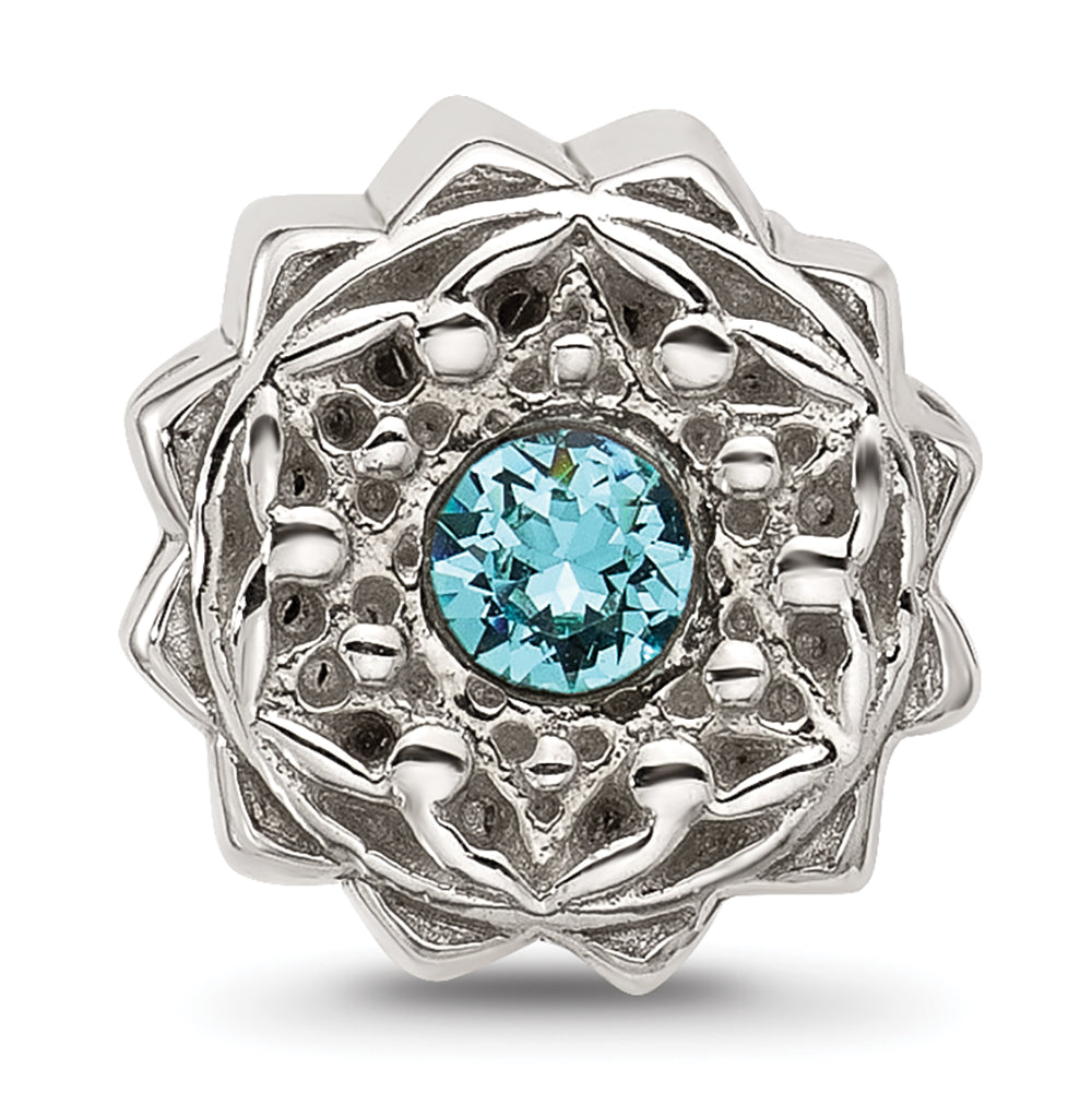 Sterling Silver Brushed And Polished Blue Crystal Bead