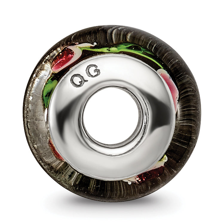 Kids Collection Sterling Silver Hand-blown Black with Floral Pattern Glass Reflections Bead Secondary image