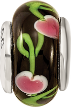 Kids Collection Sterling Silver Hand-blown Black with Floral Pattern Glass Reflections Bead