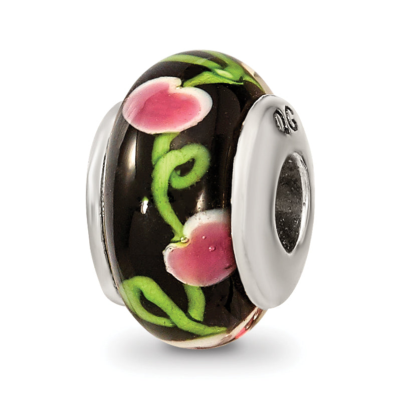 Kids Collection Sterling Silver Hand-blown Black with Floral Pattern Glass Reflections Bead Main image
