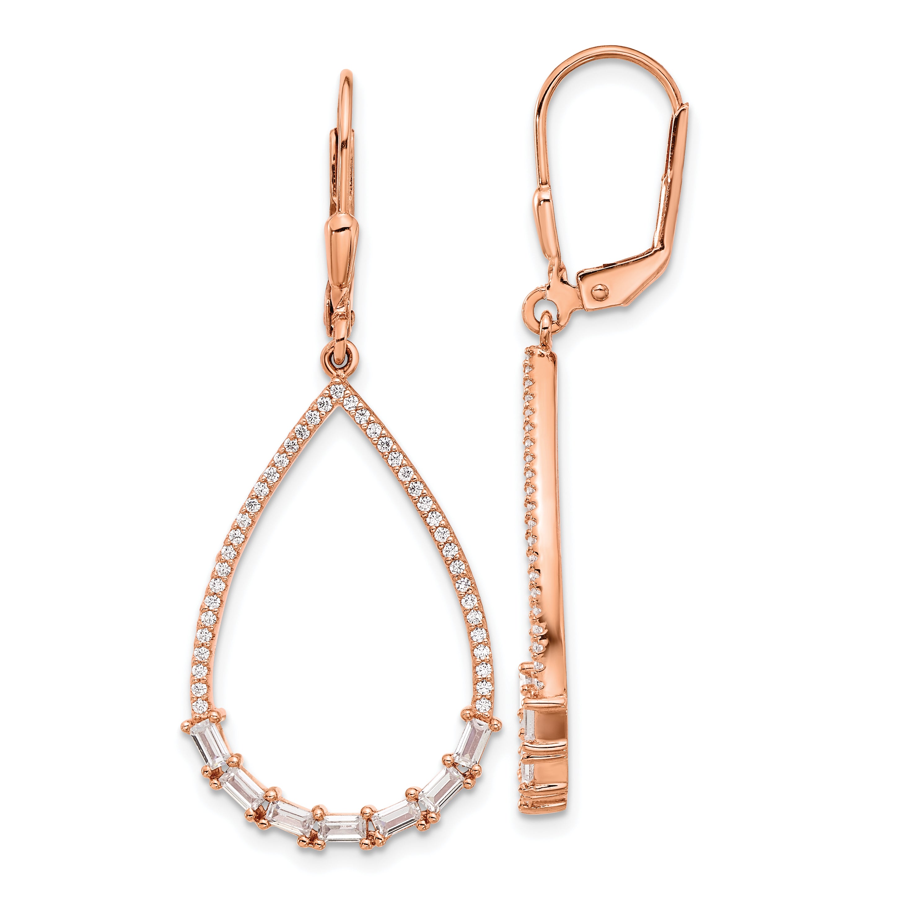Sterling Shimmer Sterling Silver Rose-tone Flash Rose-gold Plated CZ 96 Stone Teardrop Dangle Leverback Earrings Main image