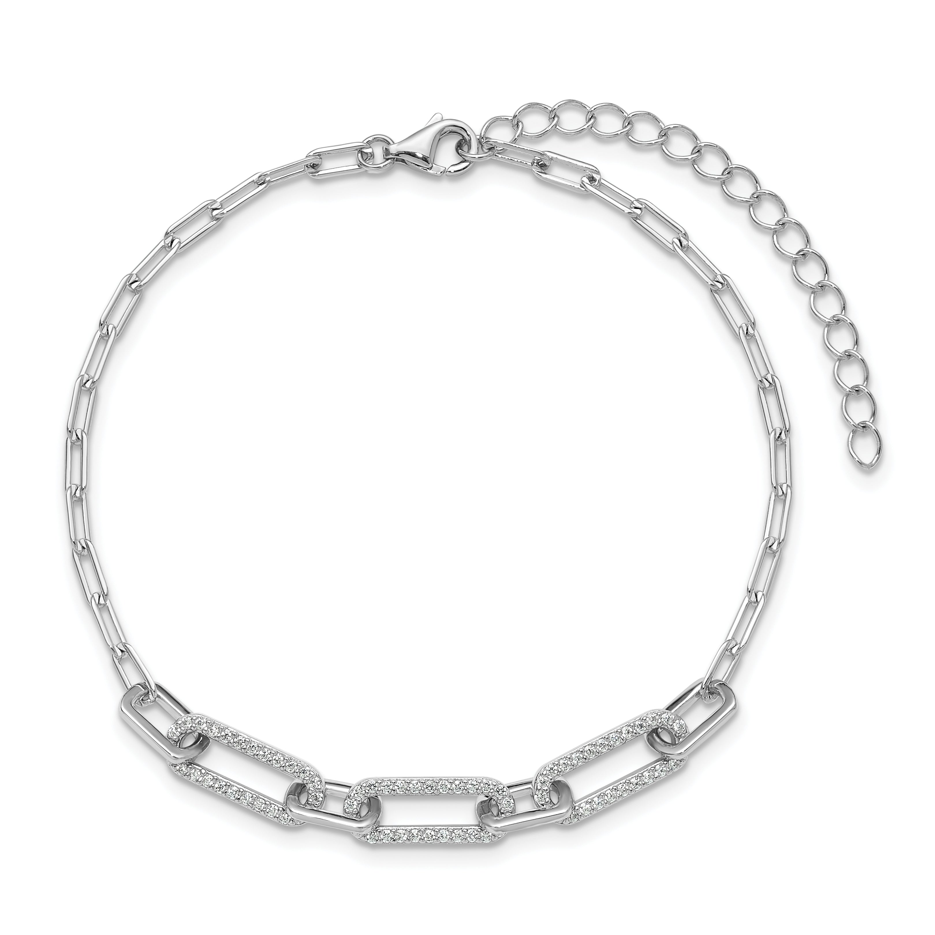 Sterling Shimmer Sterling Silver Rhodium-plated 1mm CZ 78 Stone Paper Clip Link 7 inch Bracelet