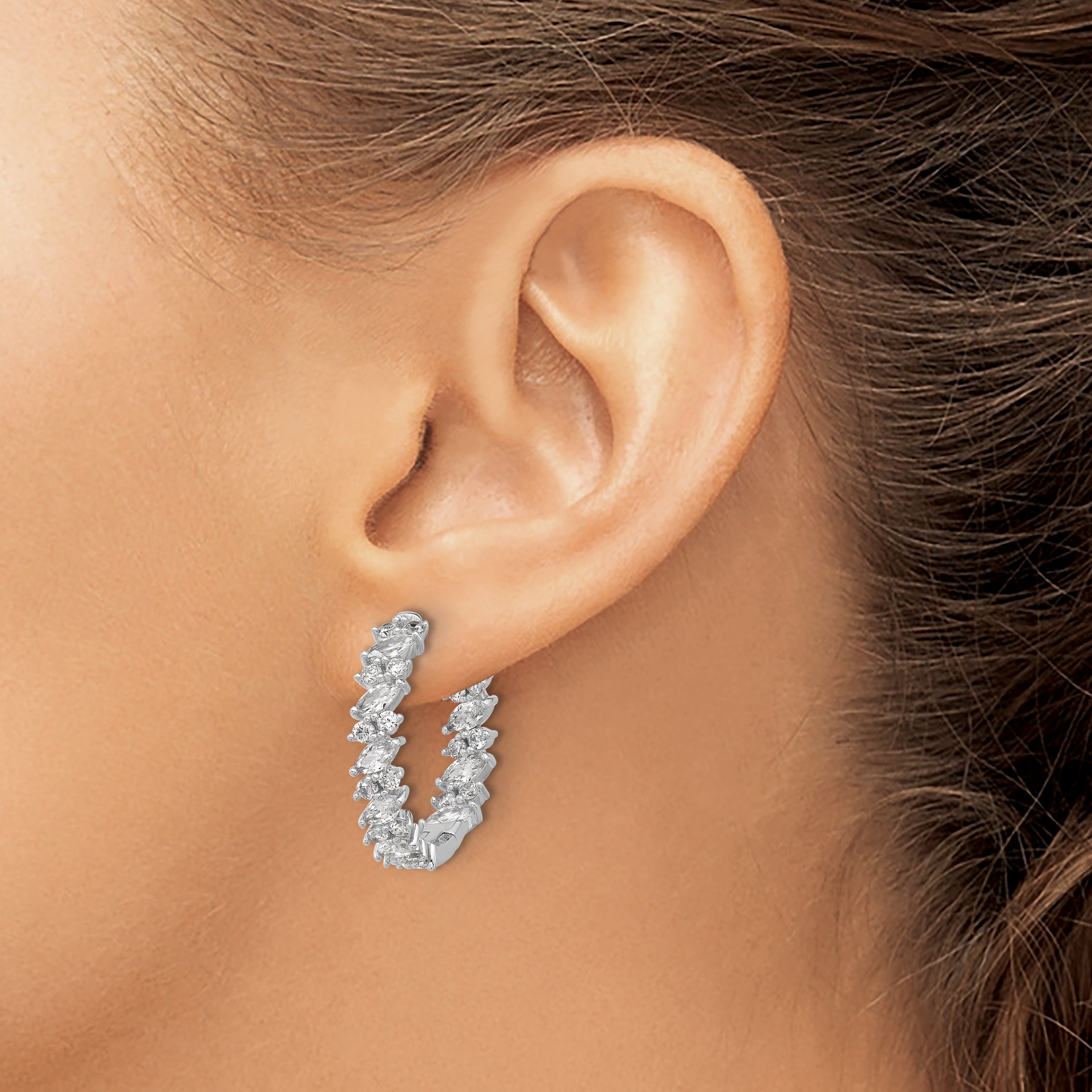 Sterling Shimmer Sterling Silver Rhodium-plated CZ 54 Stone In and Out Hinged Hoop Earrings
