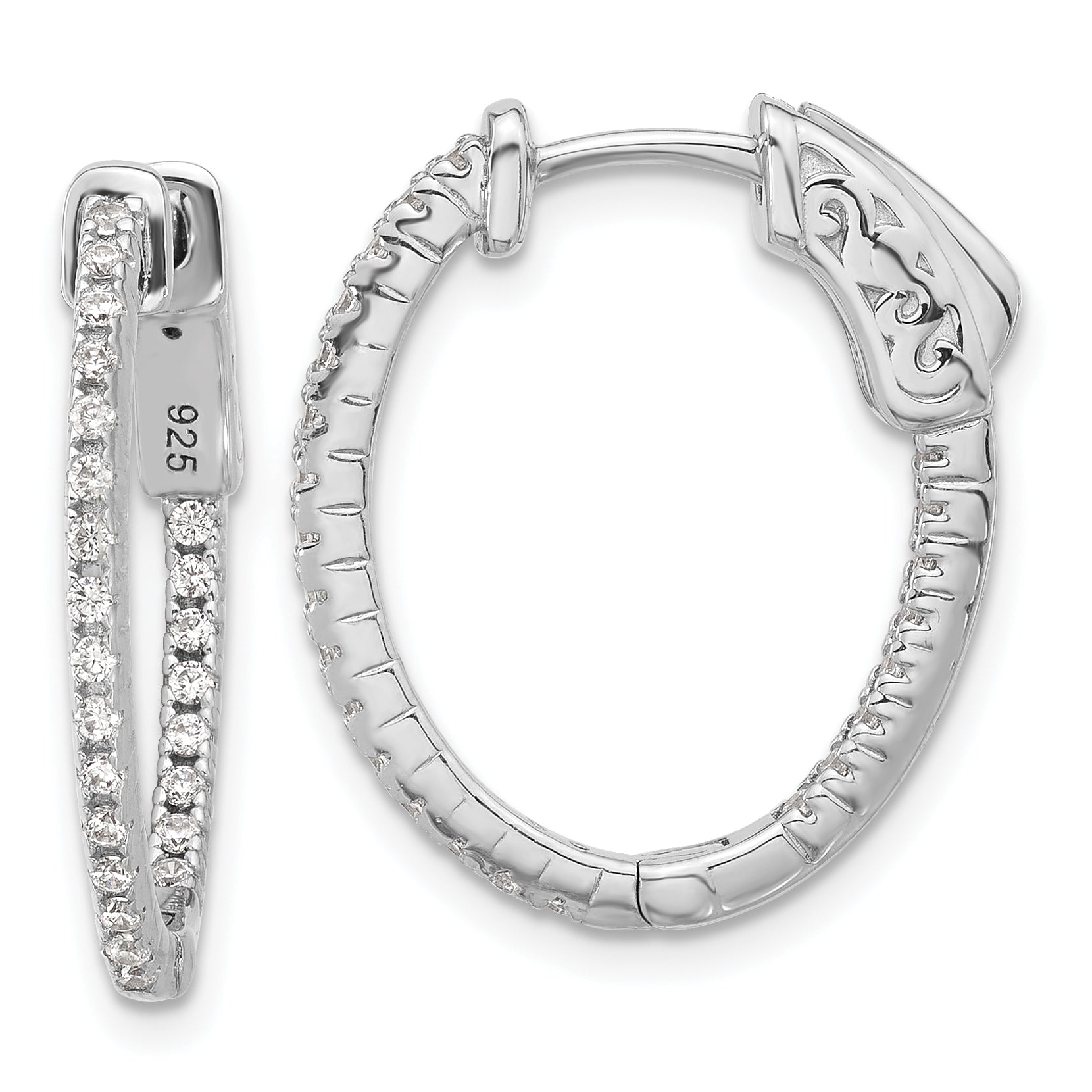 Sterling Shimmer Sterling Silver Rhodium-plated 1.3mm CZ 48 Stone Oval In and Out Hinged Oval Hoop Earrings Main image