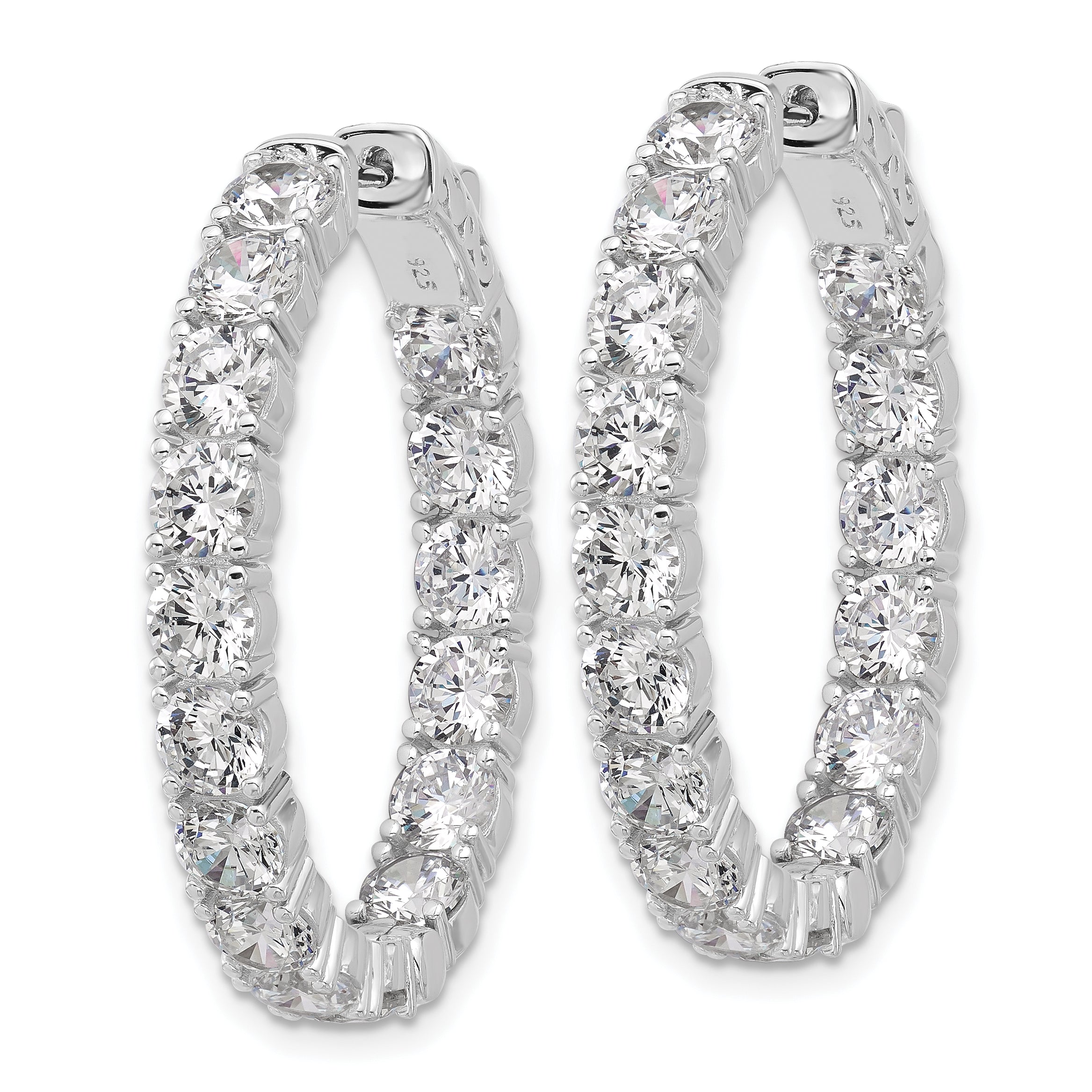 Sterling Shimmer Sterling Silver Rhodium-plated  4.25mm CZ 32 Stone Oval In and Out Hinged Hoop Earrings
