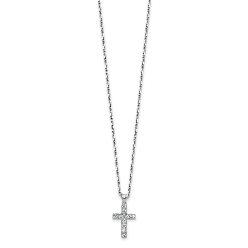 Sterling Shimmer Sterling Silver Rhodium-plated 2mm CZ 11 Stone Cross 16 inch with 2 inch Extension Necklace