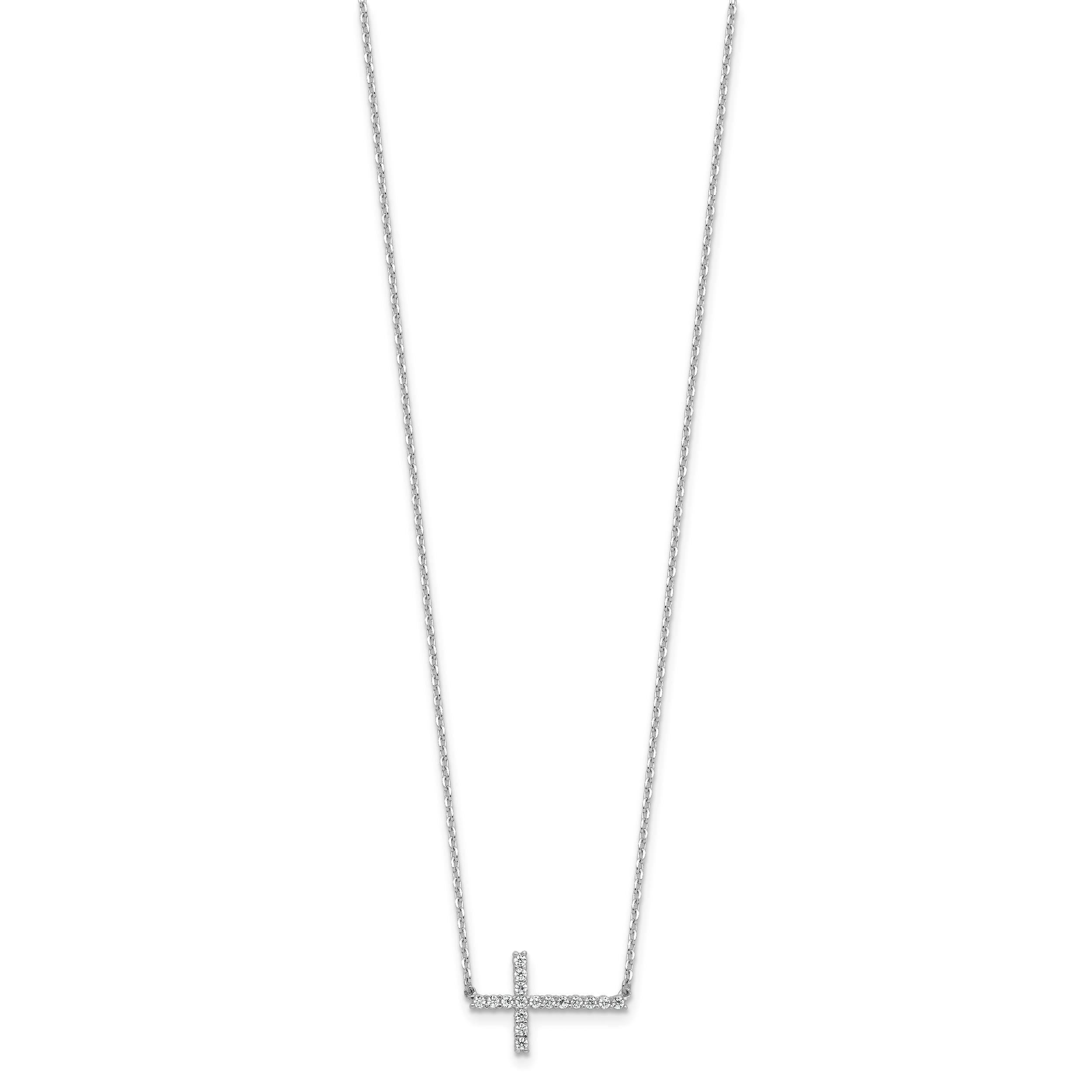 Sterling Shimmer Sterling Silver Rhodium-plated 1.3mm CZ 17 Stone Sideway Cross 16 inch with 2 inch Extension Necklace Secondary image