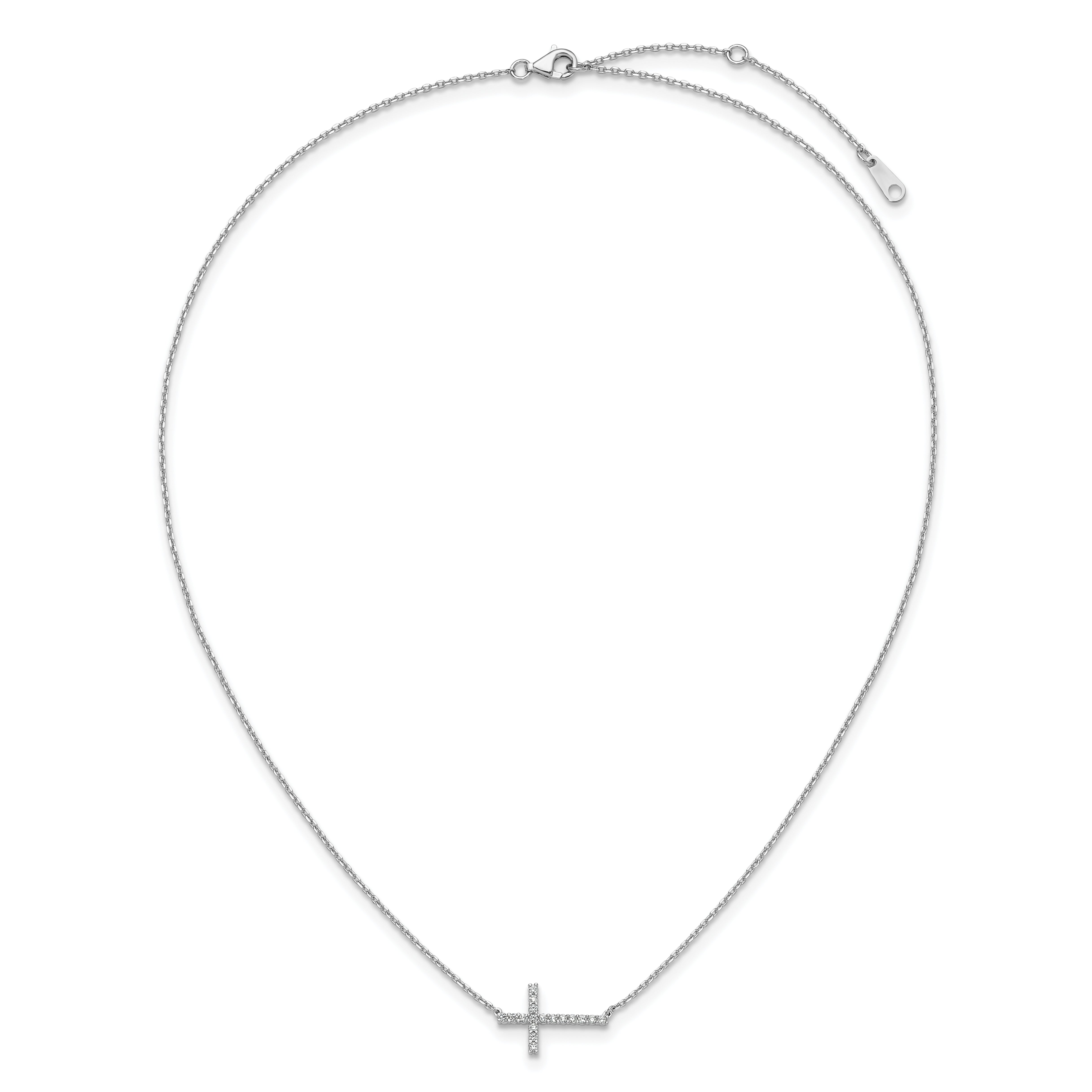 Sterling Shimmer Sterling Silver Rhodium-plated 1.3mm CZ 17 Stone Sideway Cross 16 inch with 2 inch Extension Necklace