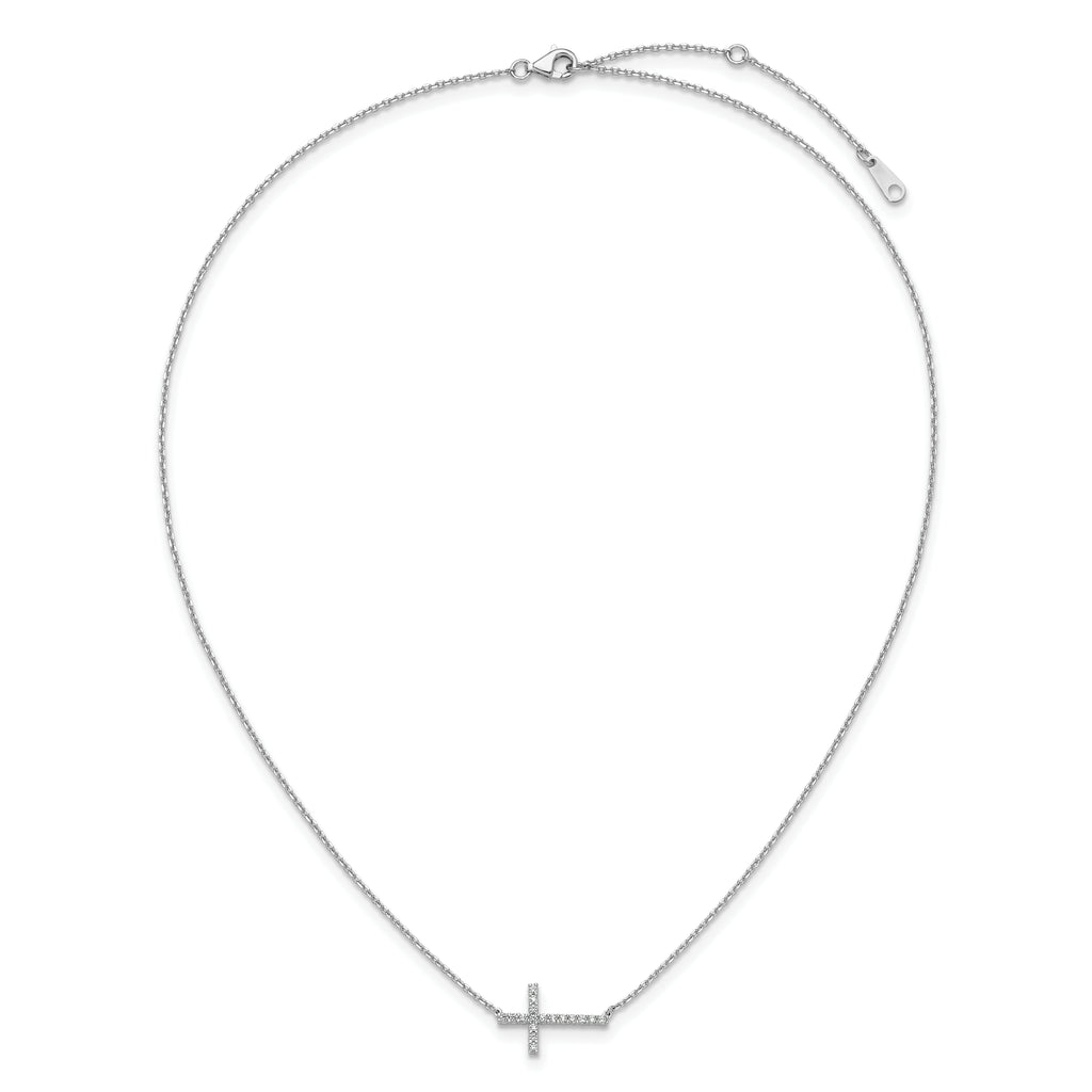 Sterling Shimmer Sterling Silver Rhodium-plated 1.3mm CZ 17 Stone Sideway Cross 16 inch with 2 inch Extension Necklace