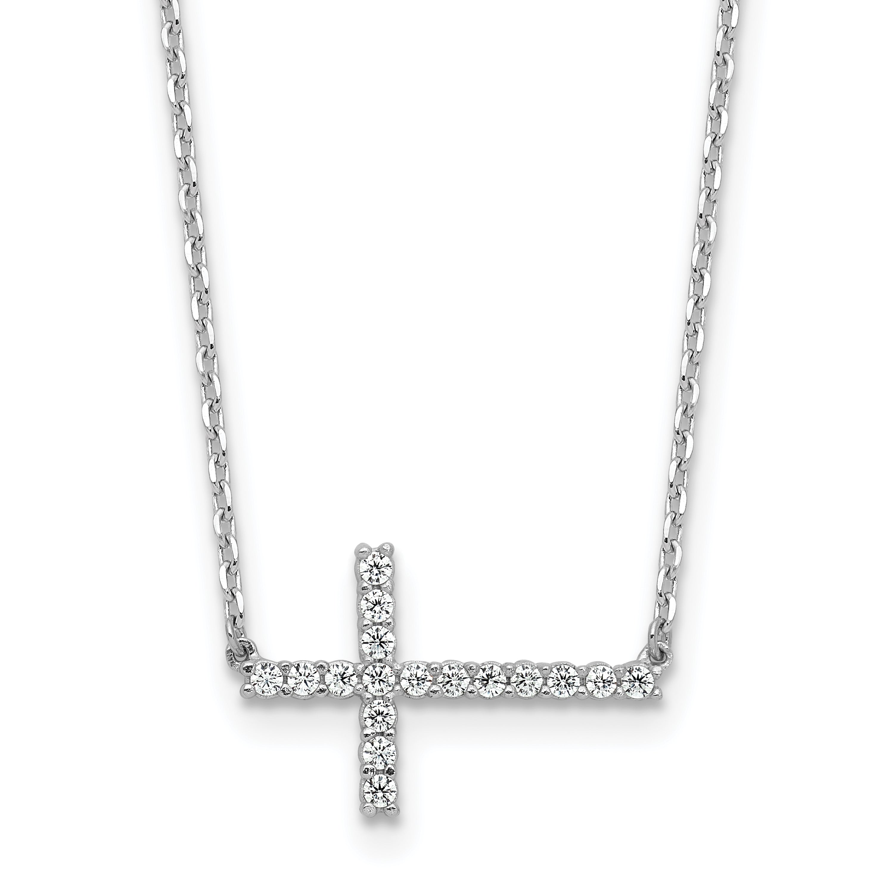 Sterling Shimmer Sterling Silver Rhodium-plated 1.3mm CZ 17 Stone Sideway Cross 16 inch with 2 inch Extension Necklace Main image