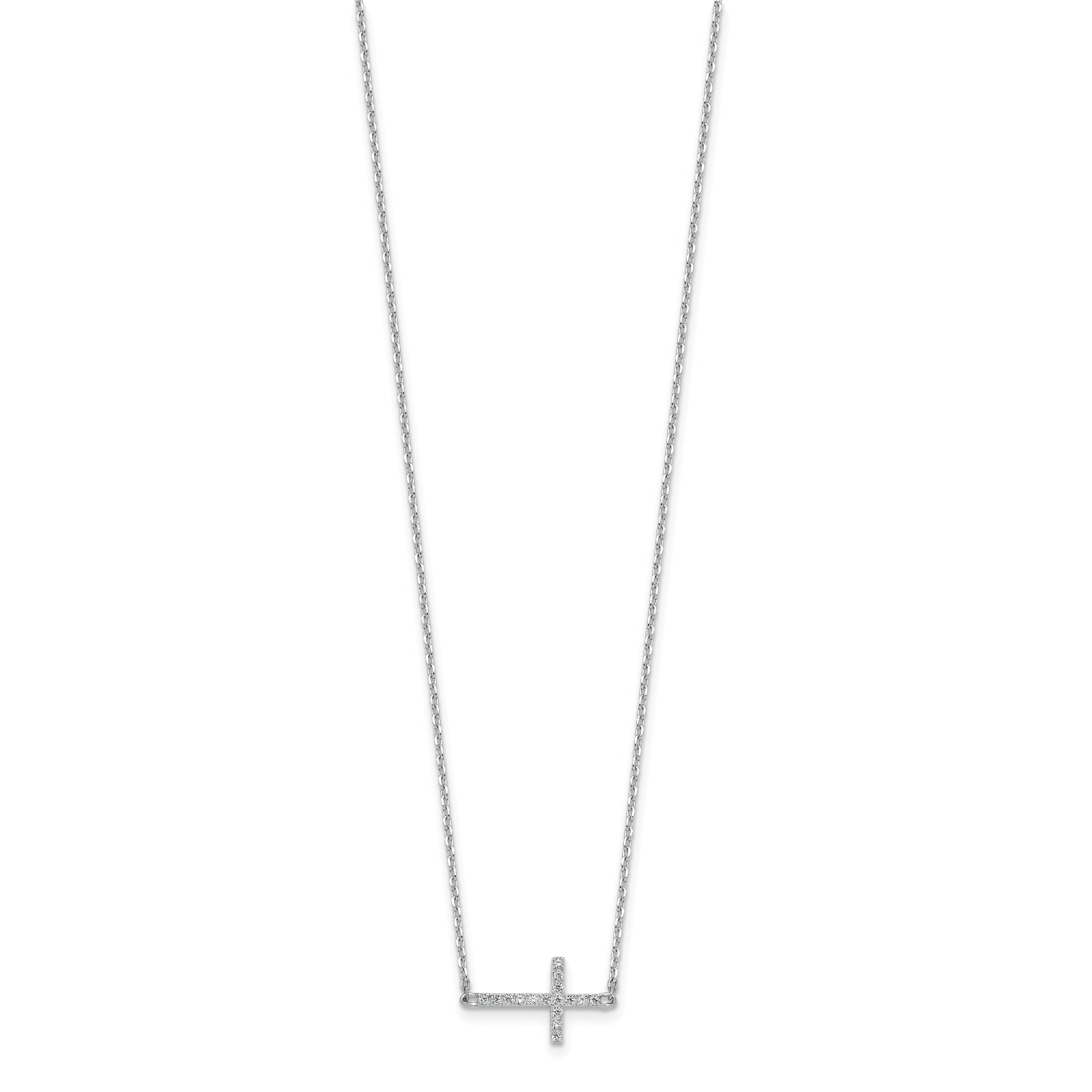Sterling Shimmer Sterling Silver Rhodium-plated 1.1mm CZ 16 Stone Sideway Cross 16 inch with 2 inch Extension Necklace