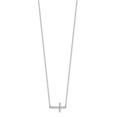 Sterling Shimmer Sterling Silver Rhodium-plated 1.1mm CZ 16 Stone Sideway Cross 16 inch with 2 inch Extension Necklace